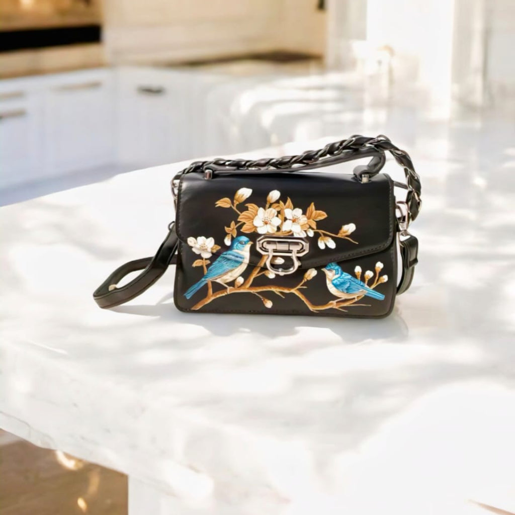 Handcrafted Black Leather Handbag with Hand-Painted Birds and Blossoms – Elegant Artisan Purse