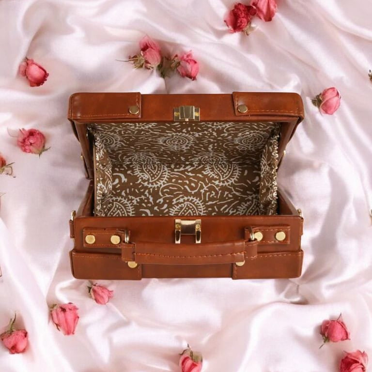 Royal Roots Hand-Painted Elephant Satchel Bag – Vintage Leather Purse on Pink Satin with Traditional Rajasthani Art