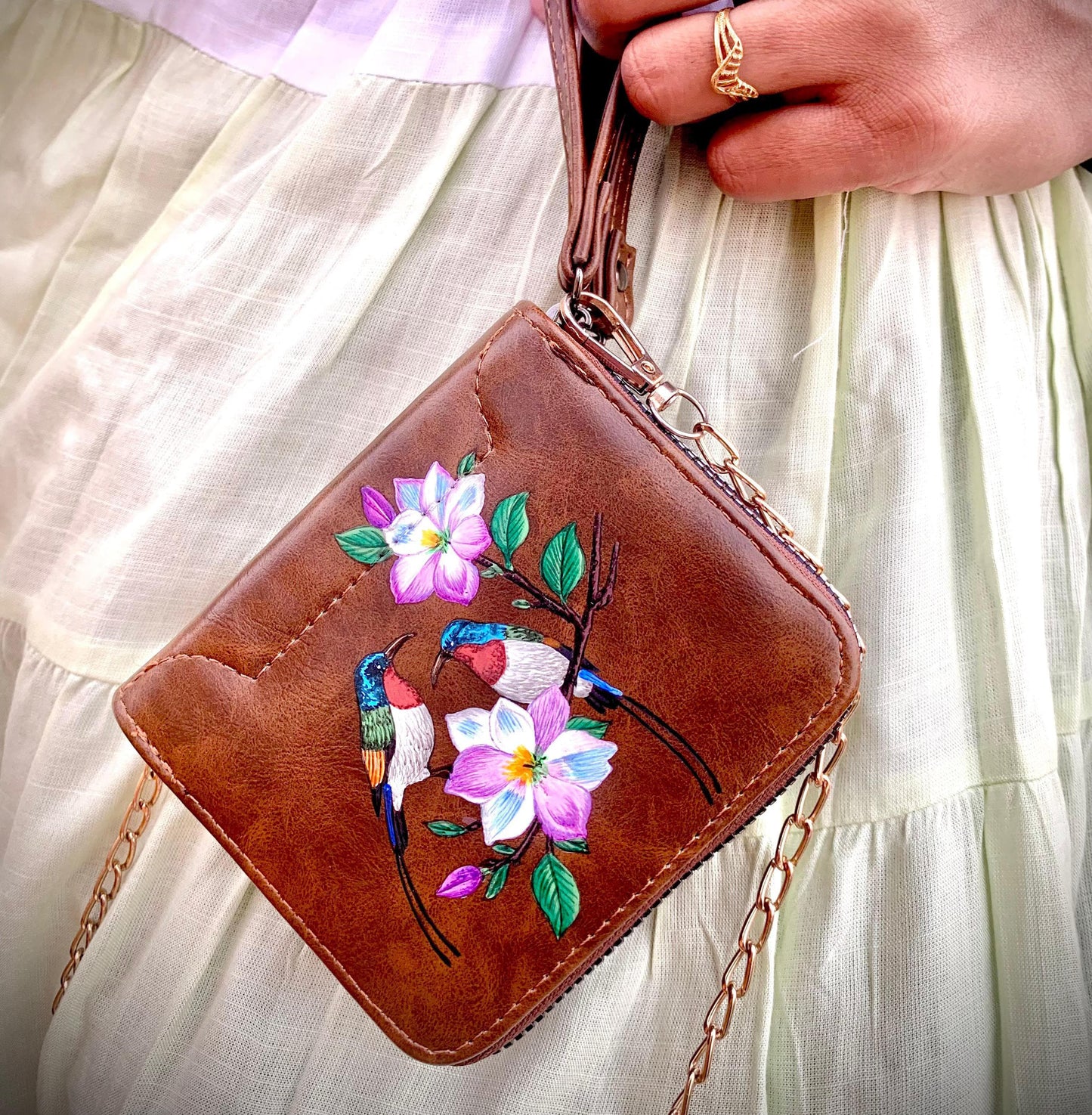 Elegant Real Leather Sling Bag with Hand-Painted Vibrant Birds & Floral Design – Unique Artisan Crossbody Purse