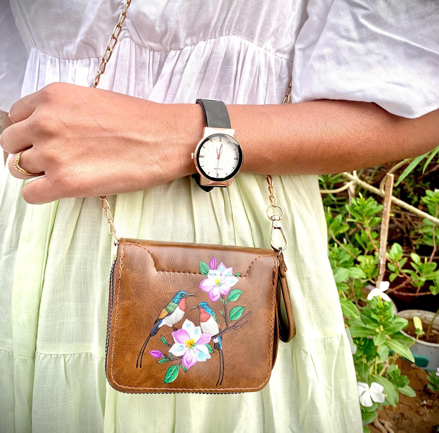 Elegant Real Leather Sling Bag with Hand-Painted Vibrant Birds & Floral Design – Unique Artisan Crossbody Purse