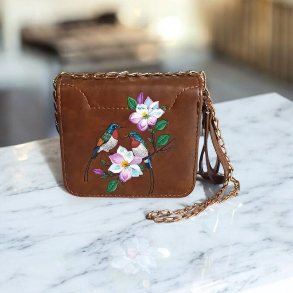 Elegant Real Leather Sling Bag with Hand-Painted Vibrant Birds & Floral Design – Unique Artisan Crossbody Purse