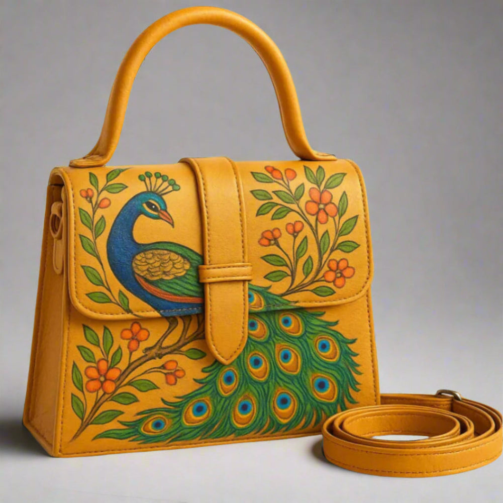 Handcrafted Yellow Leather Peacock Purse – Vibrant Peacock & Floral Design Handbag