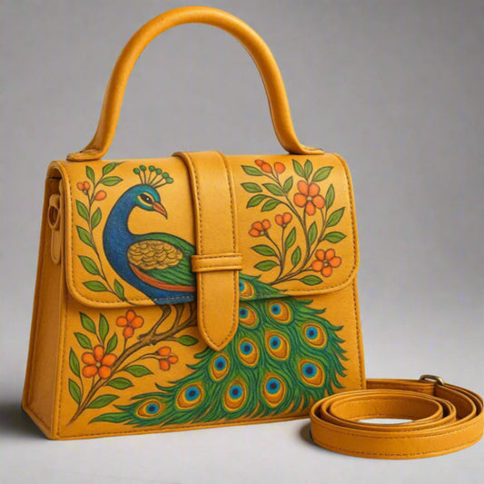 Yellow Leather Peacock Purse – Handcrafted, Elegant with Floral Design & Strap