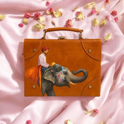 Royal Roots Hand-Painted Elephant Satchel Bag – Vintage Leather Purse on Pink Satin with Traditional Rajasthani Art