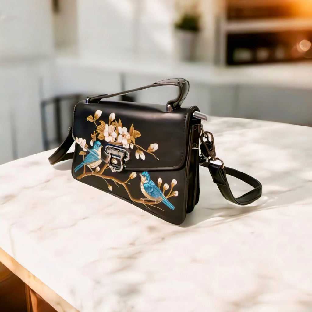Handcrafted Black Leather Handbag with Hand-Painted Birds and Blossoms – Elegant Artisan Purse