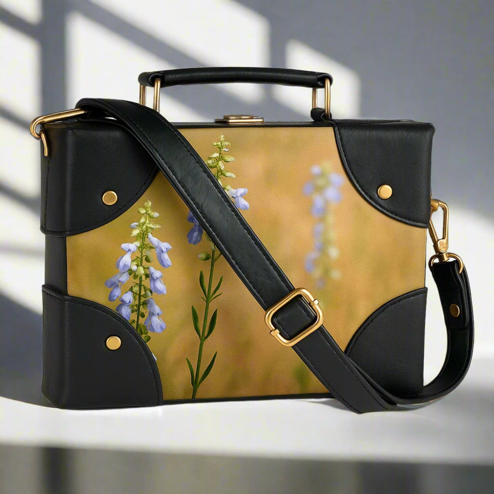 Handcrafted Black Leather Satchel with Hummingbird & Floral Design – Box Shape, Gold Hardware & Detachable Strap