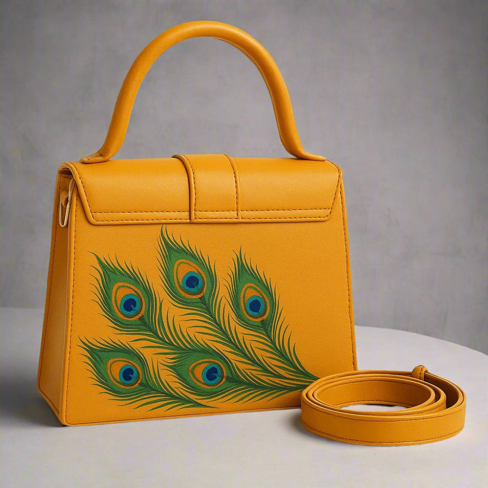 Handcrafted Yellow Leather Peacock Purse – Vibrant Peacock & Floral Design Handbag