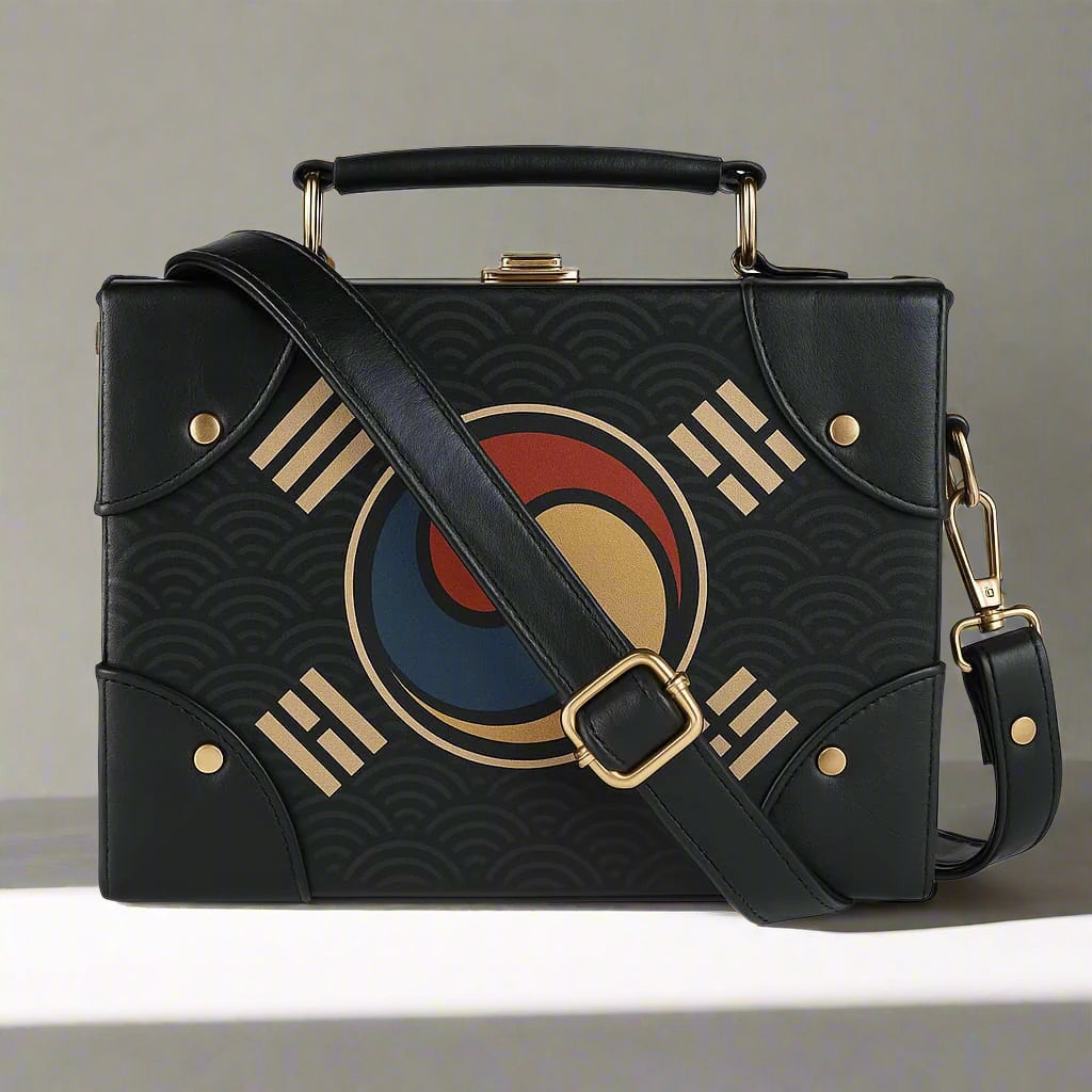 Handcrafted Korean Heritage Satchel Bag with Taeguk Symbol – Elegant Premium Leather Artisanal Handbag