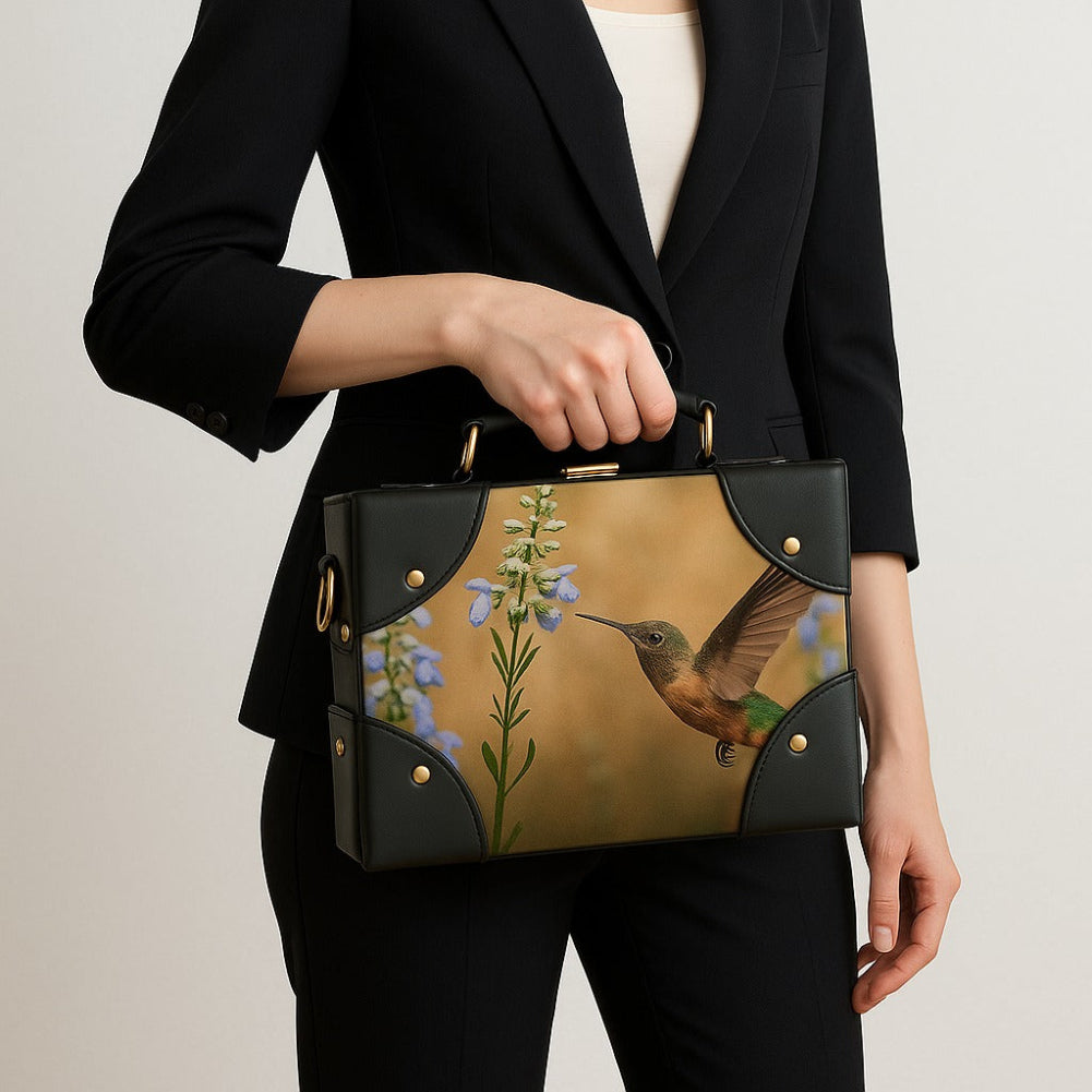 Handcrafted Black Leather Satchel with Hummingbird & Floral Design – Box Shape, Gold Hardware & Detachable Strap