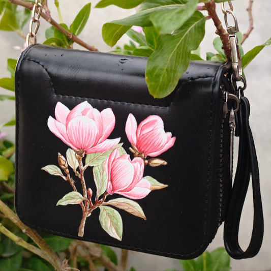 Stylish Black Leather Purse with Hand-Painted Pink Magnolia Flowers – Elegant Genuine Leather Bag for Women