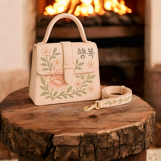 Sayovia Blossom Handcrafted Leather Handbag – Korean-Inspired Floral Design with “행복” (Happiness) Lettering & Detachable Strap