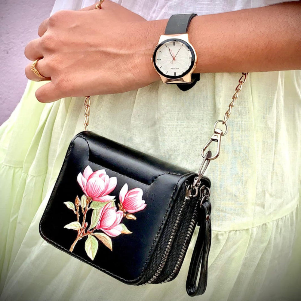 Stylish Black Leather Purse with Hand-Painted Pink Magnolia Flowers – Elegant Genuine Leather Bag for Women