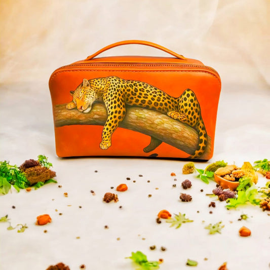 Handcrafted Leopard-Painted Leather Vanity Bag
