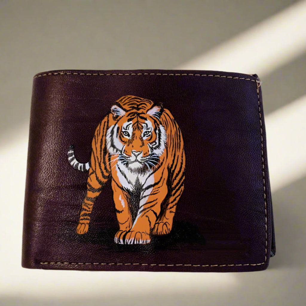 Hand-Painted Tiger Leather Wallet – Brown Artisan Wallet with Bold Tiger Design