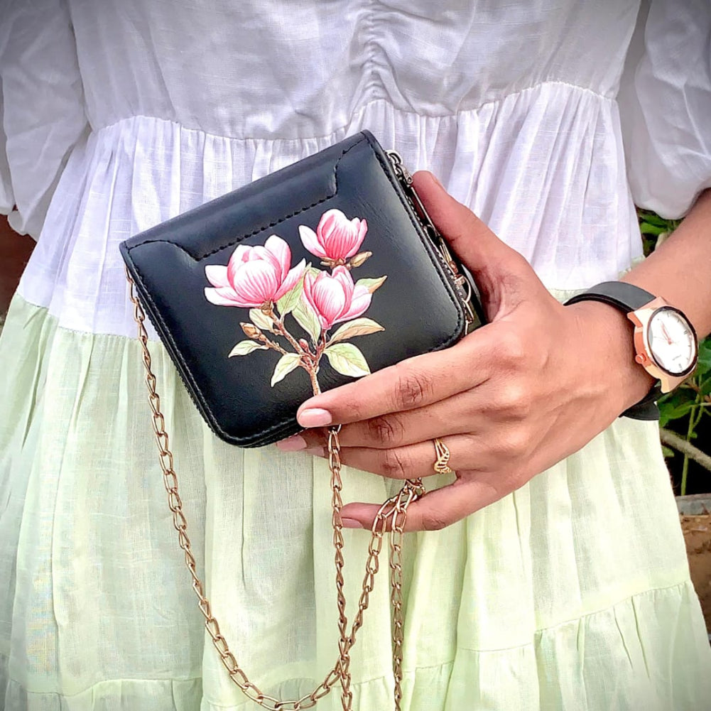 Stylish Black Leather Purse with Hand-Painted Pink Magnolia Flowers – Elegant Genuine Leather Bag for Women
