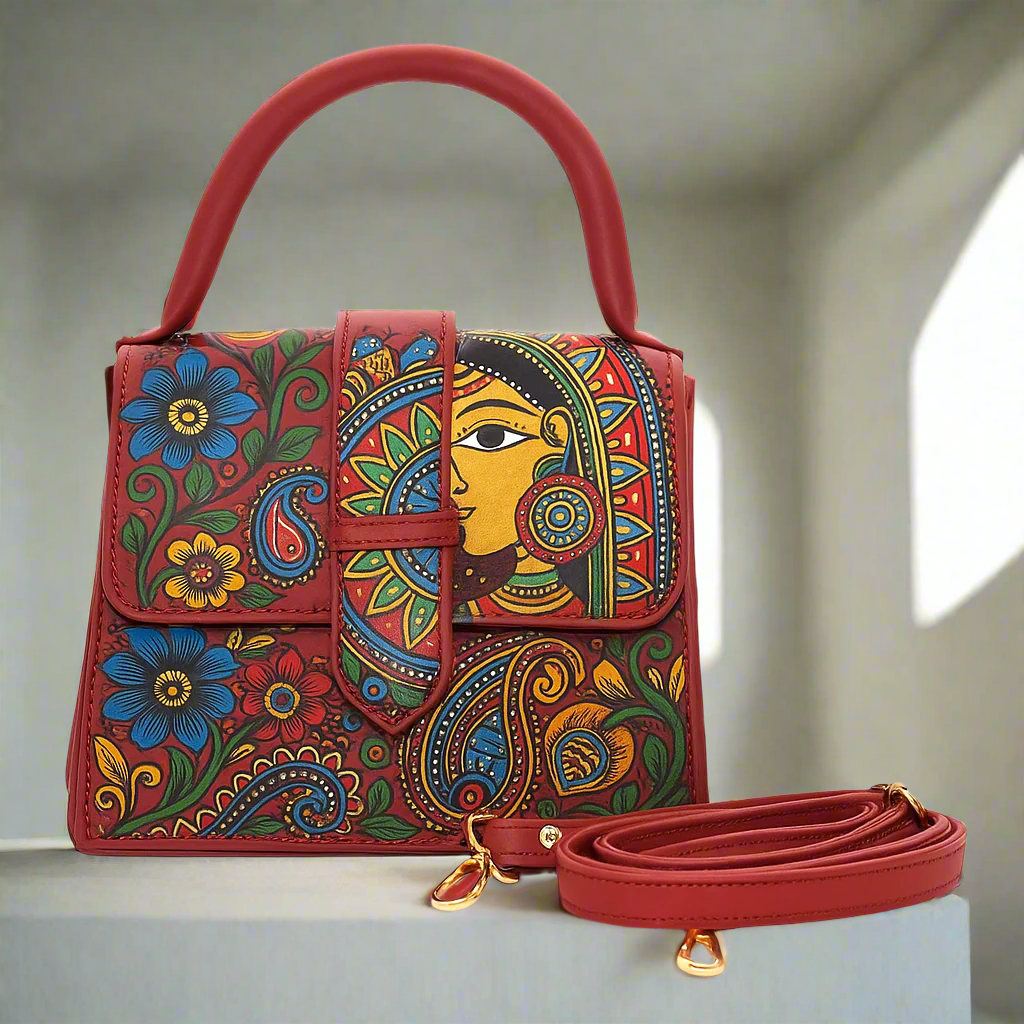 Hand-Painted Artisanal Leather Purse – Premium Madhubani Satchel