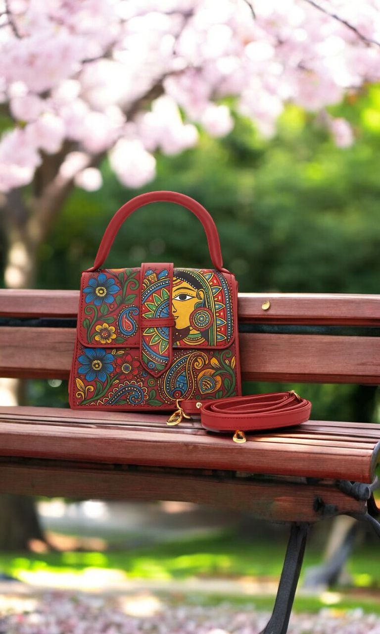 Hand-Painted Artisanal Leather Purse – Premium Madhubani Satchel