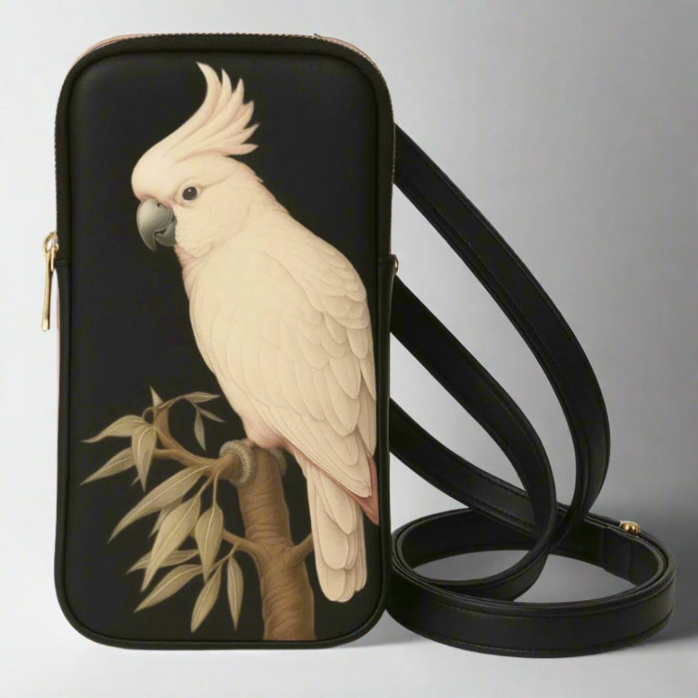 Handcrafted Genuine Leather Sling Bag with Hand-Painted Parrot Design – Artisan Crossbody Bag with Gold-Tone Hardware
